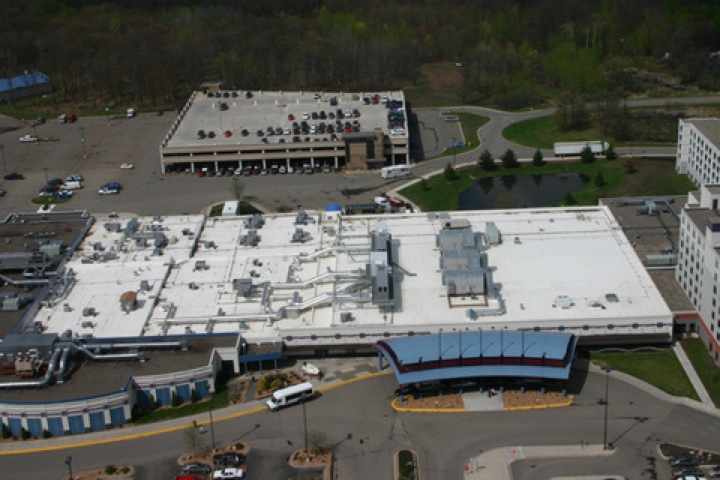 Aerial view of a large building's roofing system