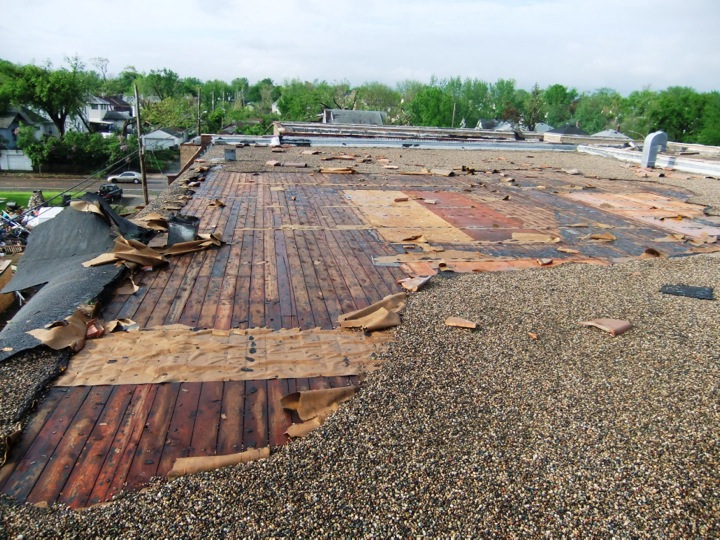 Commercial roof undergoing a tear-off installation. 