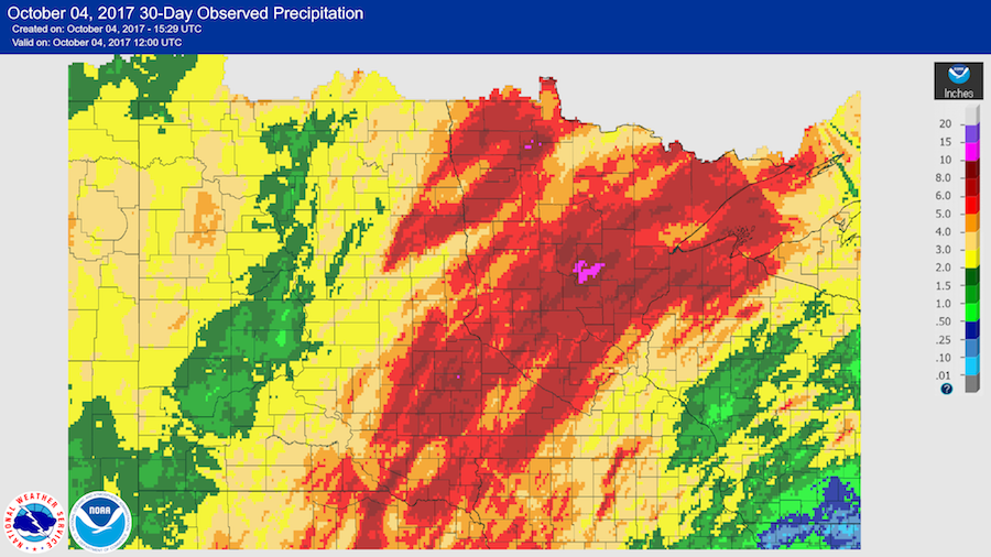 Weather radar showing precipitation amounts in the Midwest US