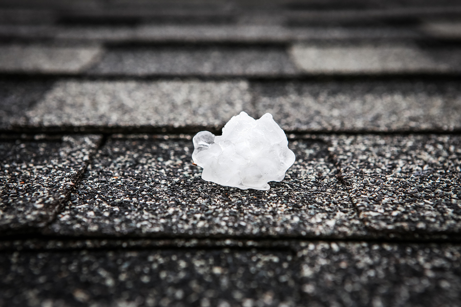 Hail sitting on a roof's shingle
