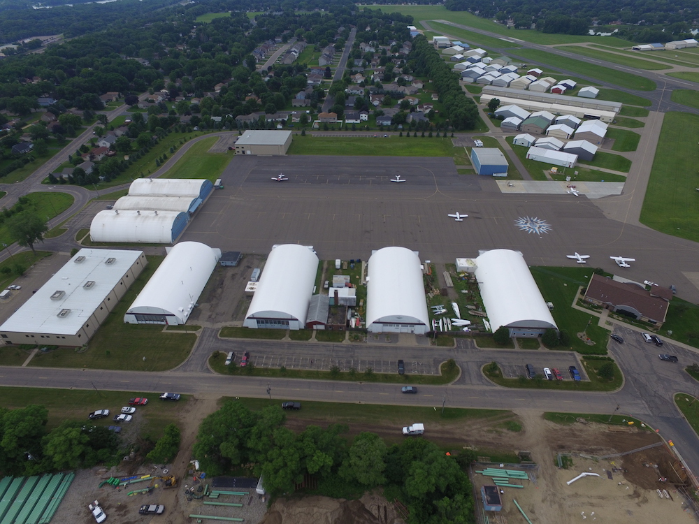 An aerial view of an airport runway