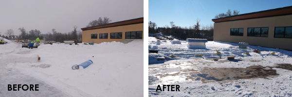 Before and after of a flat roof ice dam project.