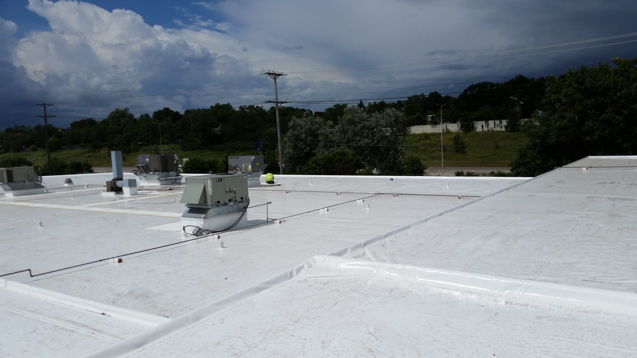White Flat roof that was freshly done. complicated project that was done with Duro-Last materials