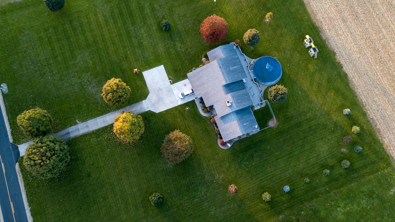 Aerial shot of residential roof using sustainable roofing material