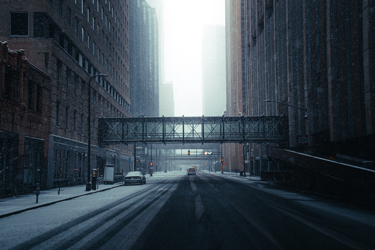 Downtown Minneapolis during the winter. Snow on flat roof.