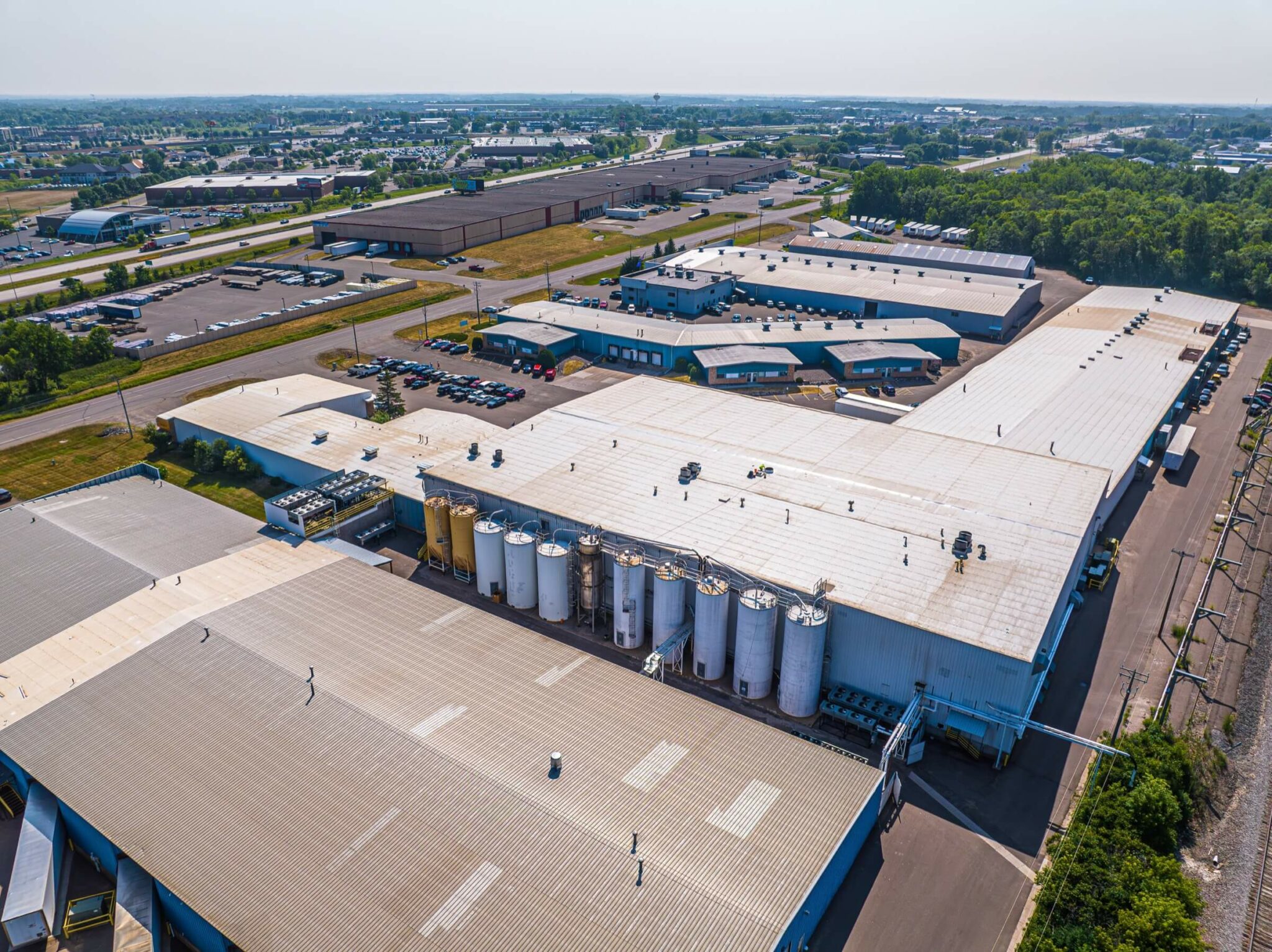 Drone view showing the roofs of an industrial zone