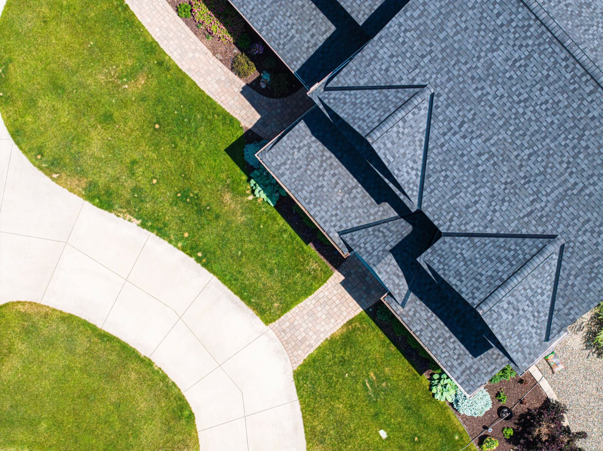 Drone view showing the seams of a newly installed roof