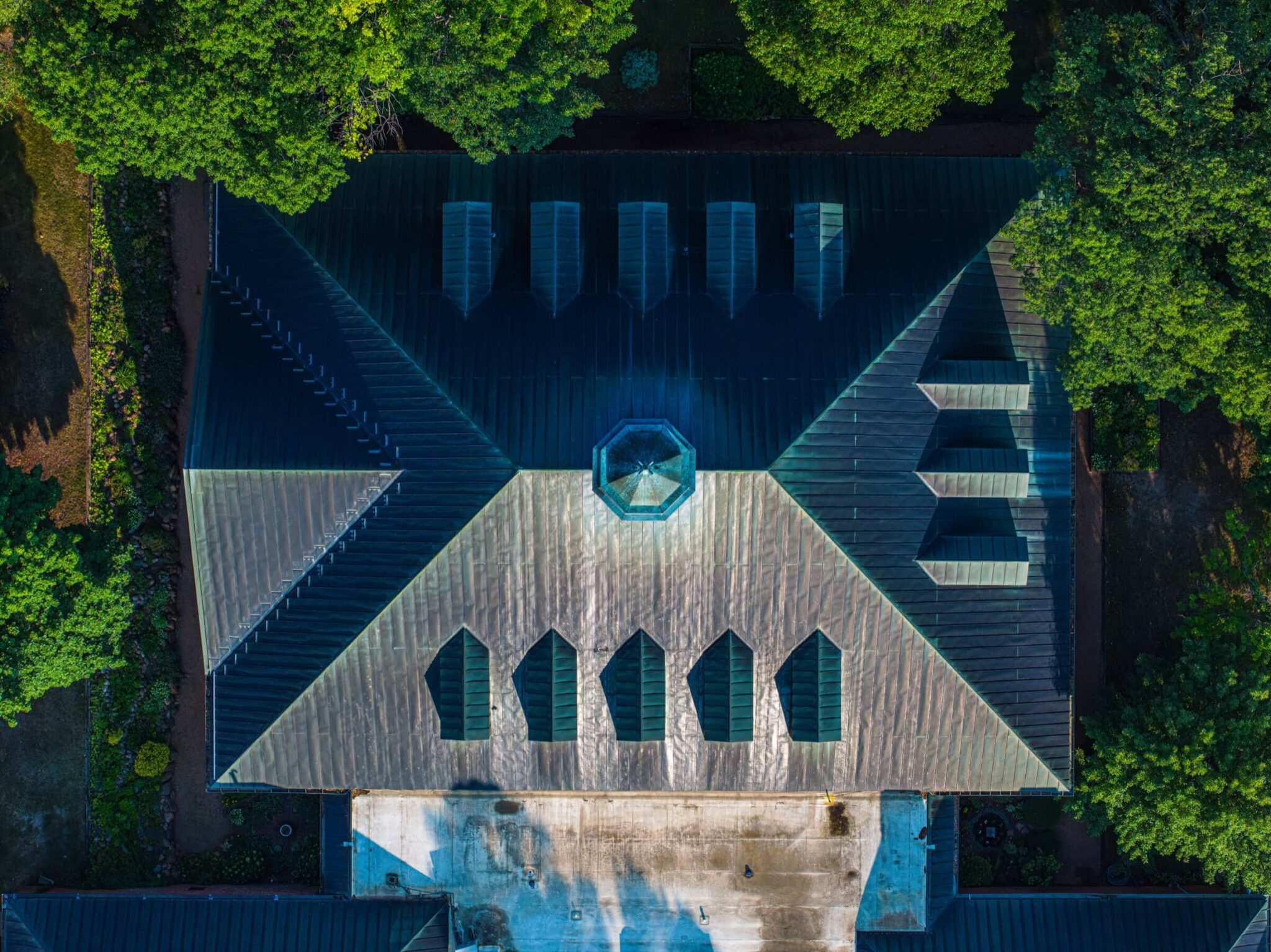 Aerial view looking directly down over a church's roof