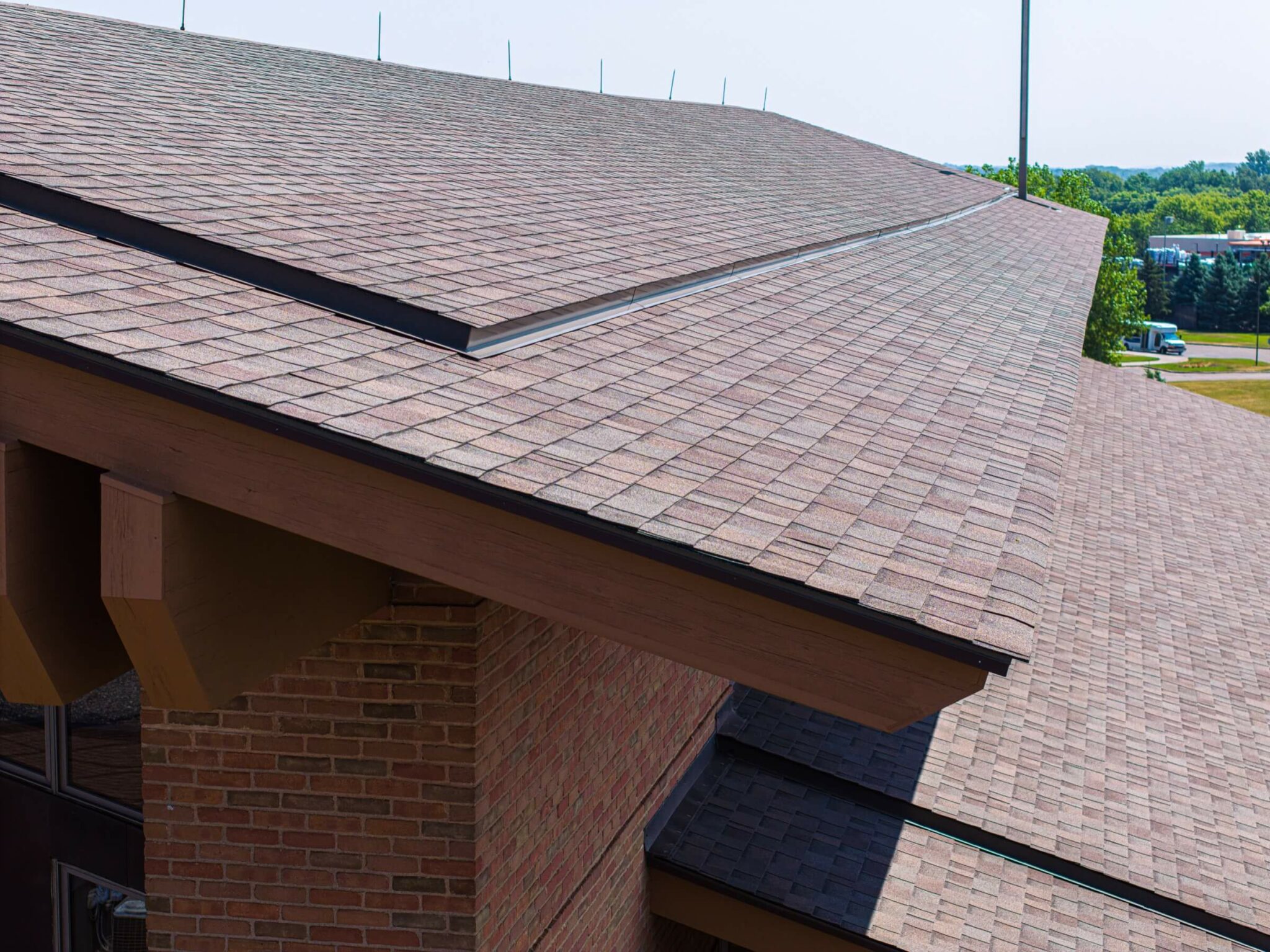 Close up showing tiered roofing design on a church